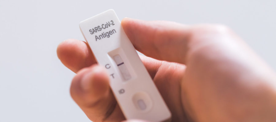 Close up of fingers holding express antigen covid test, negative result